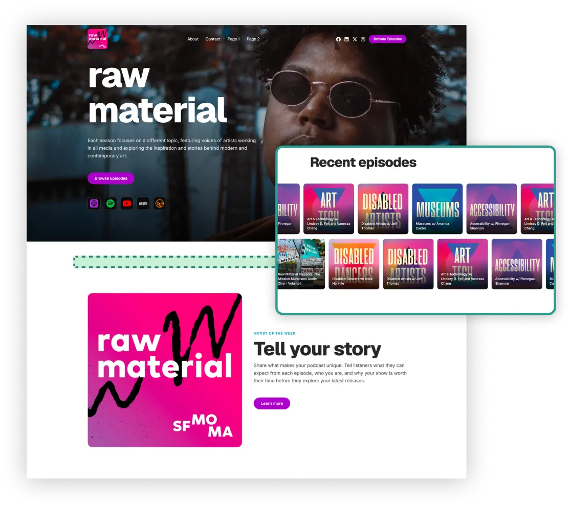 Podcast website with plug-and-play sections preview